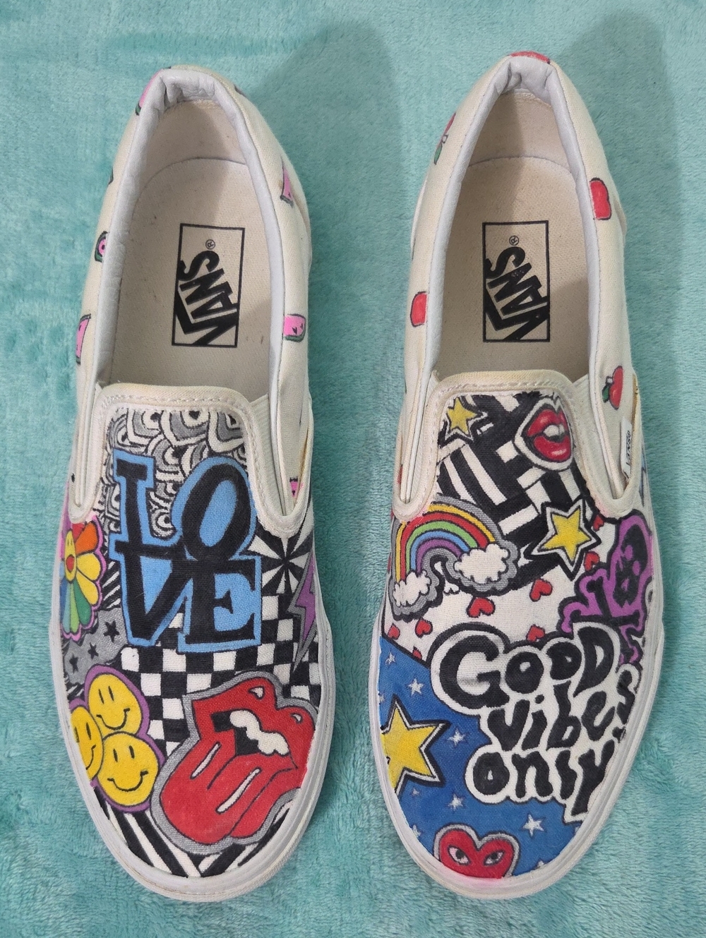 Vans UNISEX Slip-On Sneakers in White with Multicolor Pop Art